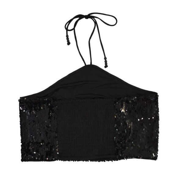 Black Sequin Halter Crop Top With Smocked Back & Adjustable Tie Closure. - Picture 2 of 7